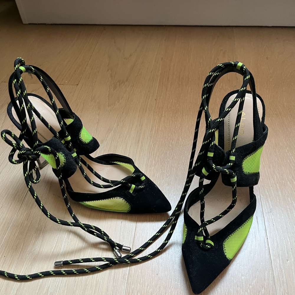 Aldo Black and Neon Green Lace-Up Heels